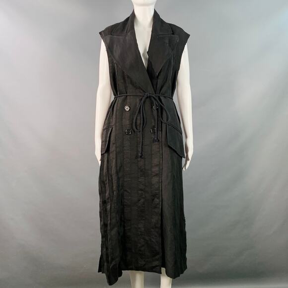 Size S Black Linen Blend Stripe Layered Double Breasted Trench Coat - Picture 3 of 9